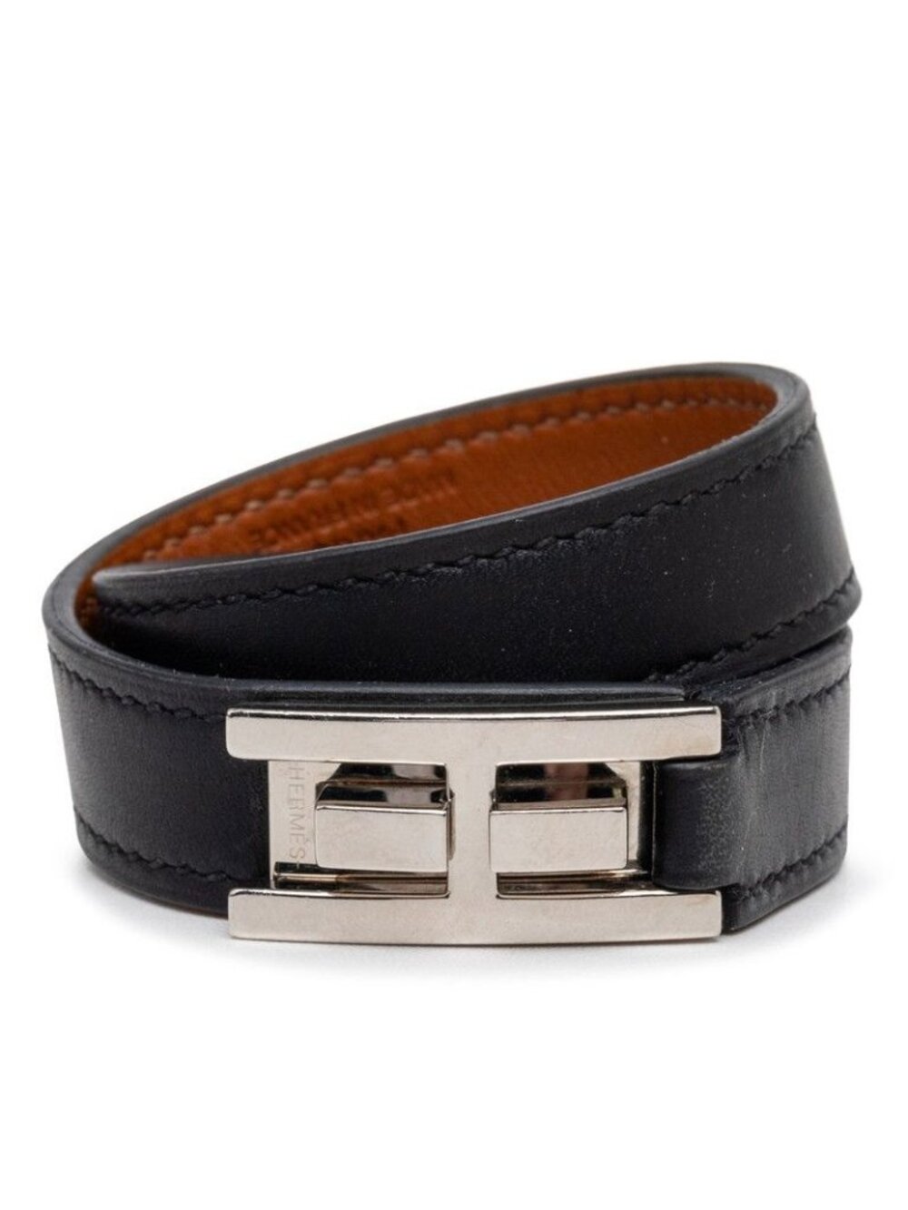 Hermes Double Tour Strand Bracelet T1 Black Silver Leather
